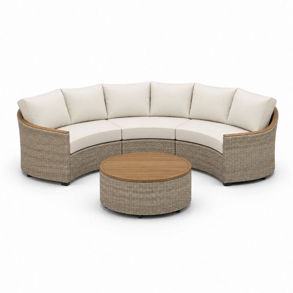 Set divano da giardino curvo con tavolino rotondo beige e grigio in rattan PE e alluminio 300 x 150 x 80 cm