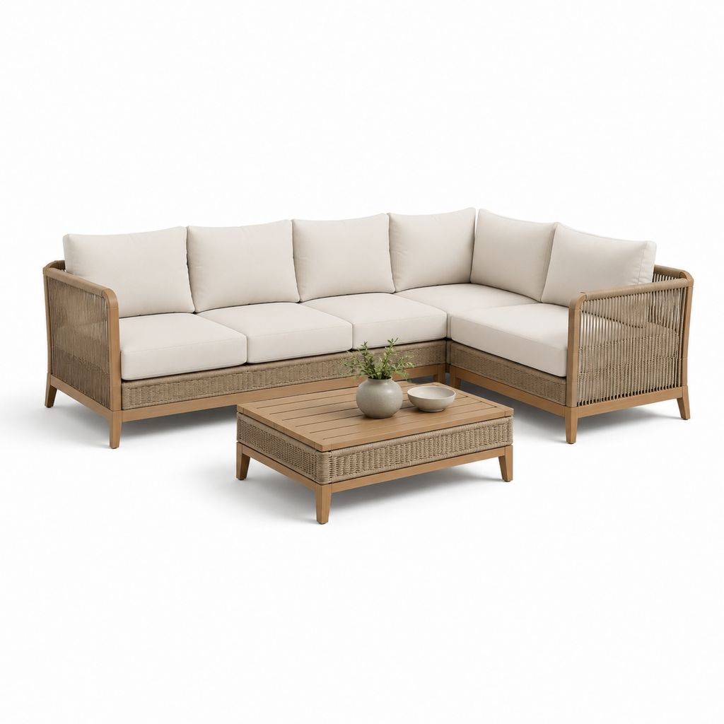 Set divano angolare da giardino con tavolino beige e naturale in legno massello di acacia e corda intrecciata 260 x 200 x 78 cm