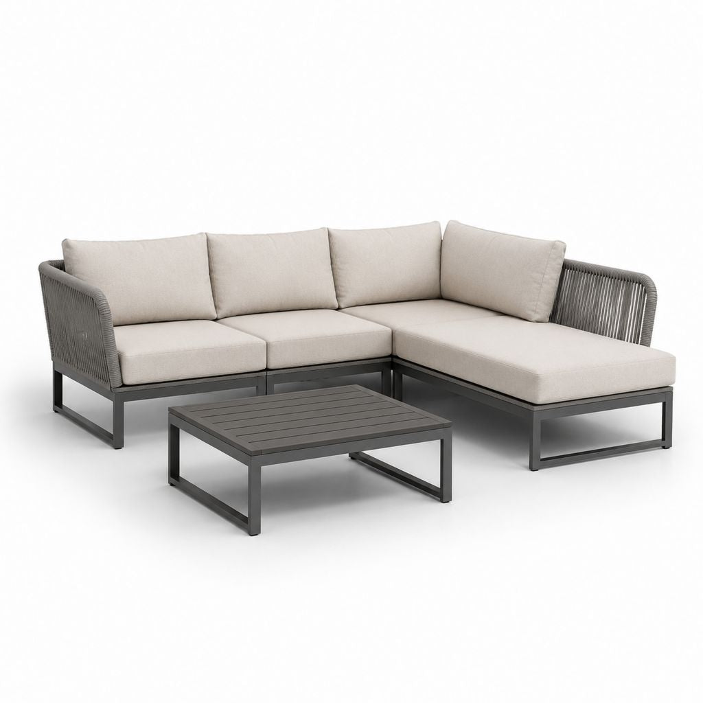 Set divano angolare da giardino 4 pezzi beige e grigio in alluminio e polipropilene a L 220 x 150 x 65 cm