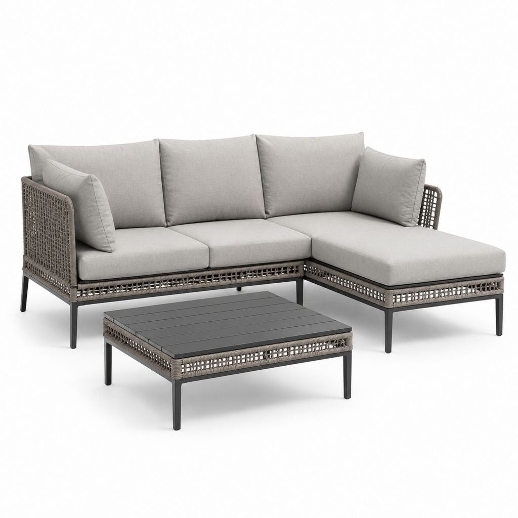 Set divano da giardino angolare a L grigio in alluminio e rattan PE con tavolino 200 x 140 x 65 cm