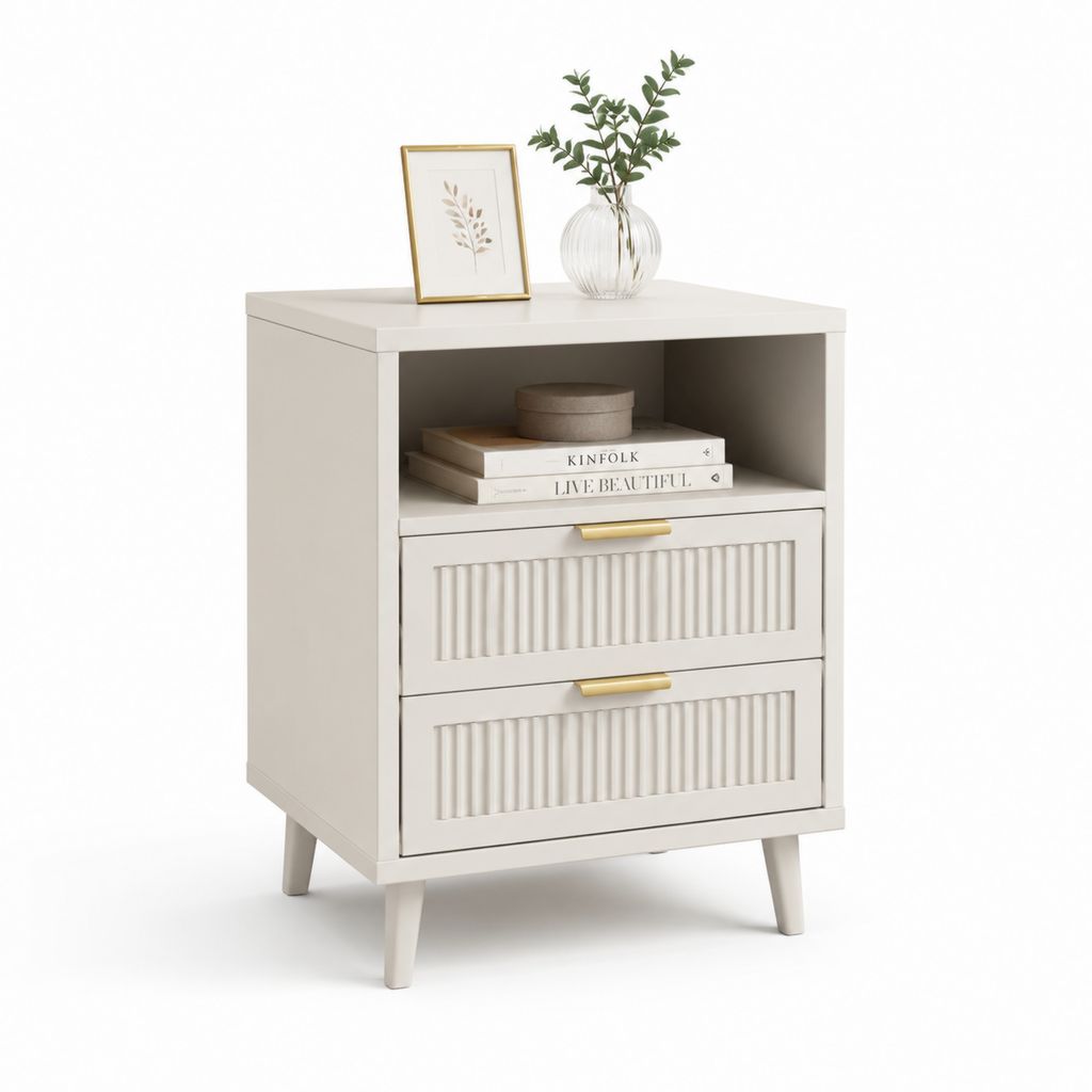 Comodino bianco in MDF rettangolare con 2 cassetti e vano aperto 60 x 40 x 70 cm