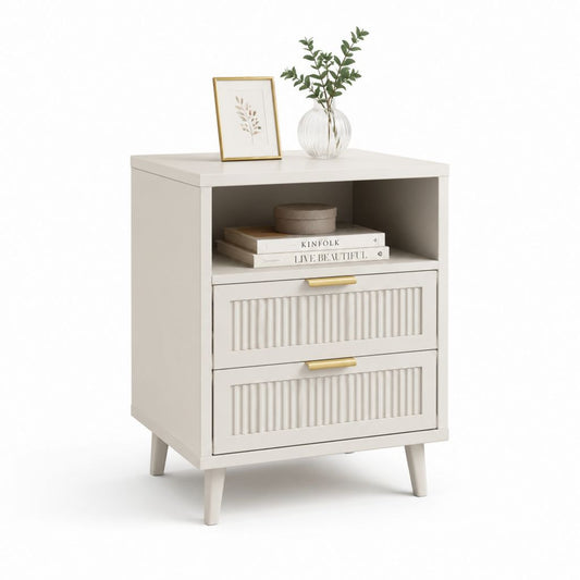 Comodino bianco in MDF rettangolare con 2 cassetti e vano aperto 60 x 40 x 70 cm