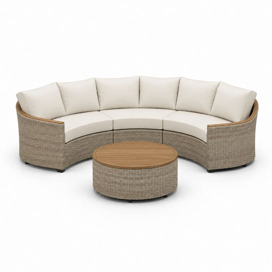 Set divano da giardino curvo con tavolino rotondo beige e grigio in rattan PE e alluminio 300 x 150 x 80 cm