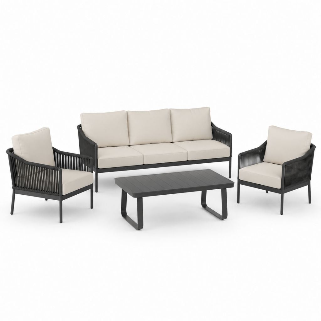 Set salotto da giardino 4 pezzi nero e beige in acciaio verniciato a polvere con corda in polipropilene divano 3 posti poltrone e tavolino 190 x 75 x 76 cm