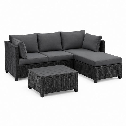 Set divano da giardino angolare con chaise longue nero in rattan PE e acciaio 180 x 130 x 63 cm con tavolino 70 x 50 x 33 cm
