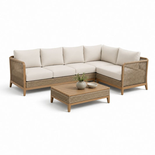 Set divano angolare da giardino con tavolino beige e naturale in legno massello di acacia e corda intrecciata 260 x 200 x 78 cm