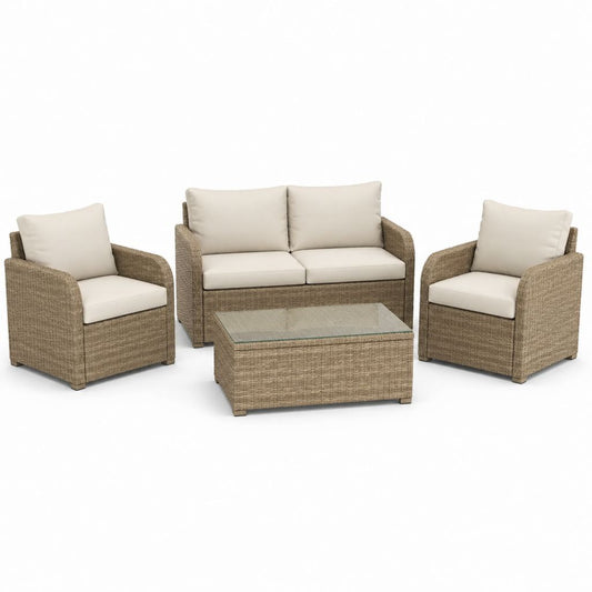 Set salotto da giardino 4 pezzi beige in rattan PE con divano 2 posti poltrone e tavolino 124 x 68 x 78 cm
