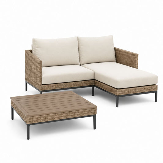 Set divano da giardino angolare 2 posti con chaise longue e tavolino beige in rattan PE 192 x 132 x 78 cm