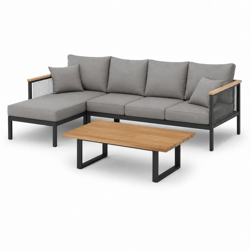 Set divano angolare da giardino con tavolino grigio in alluminio e legno massello 225 x 145 x 65 cm