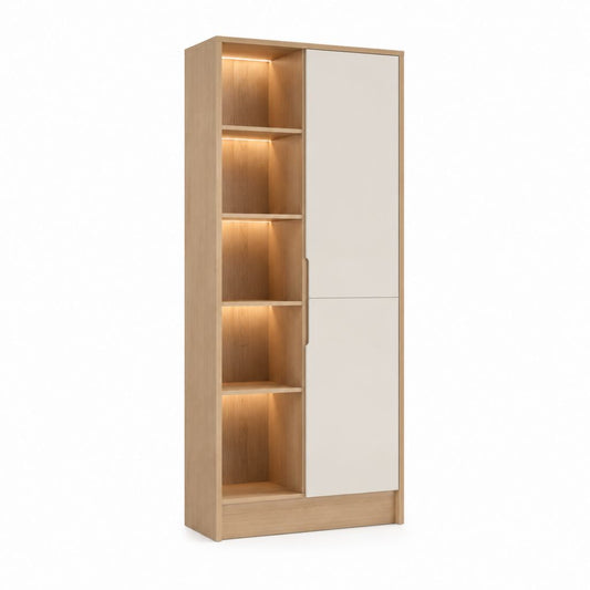 Libreria alta con ante e ripiani illuminati rovere chiaro e bianco 80 x 35 x 200 cm