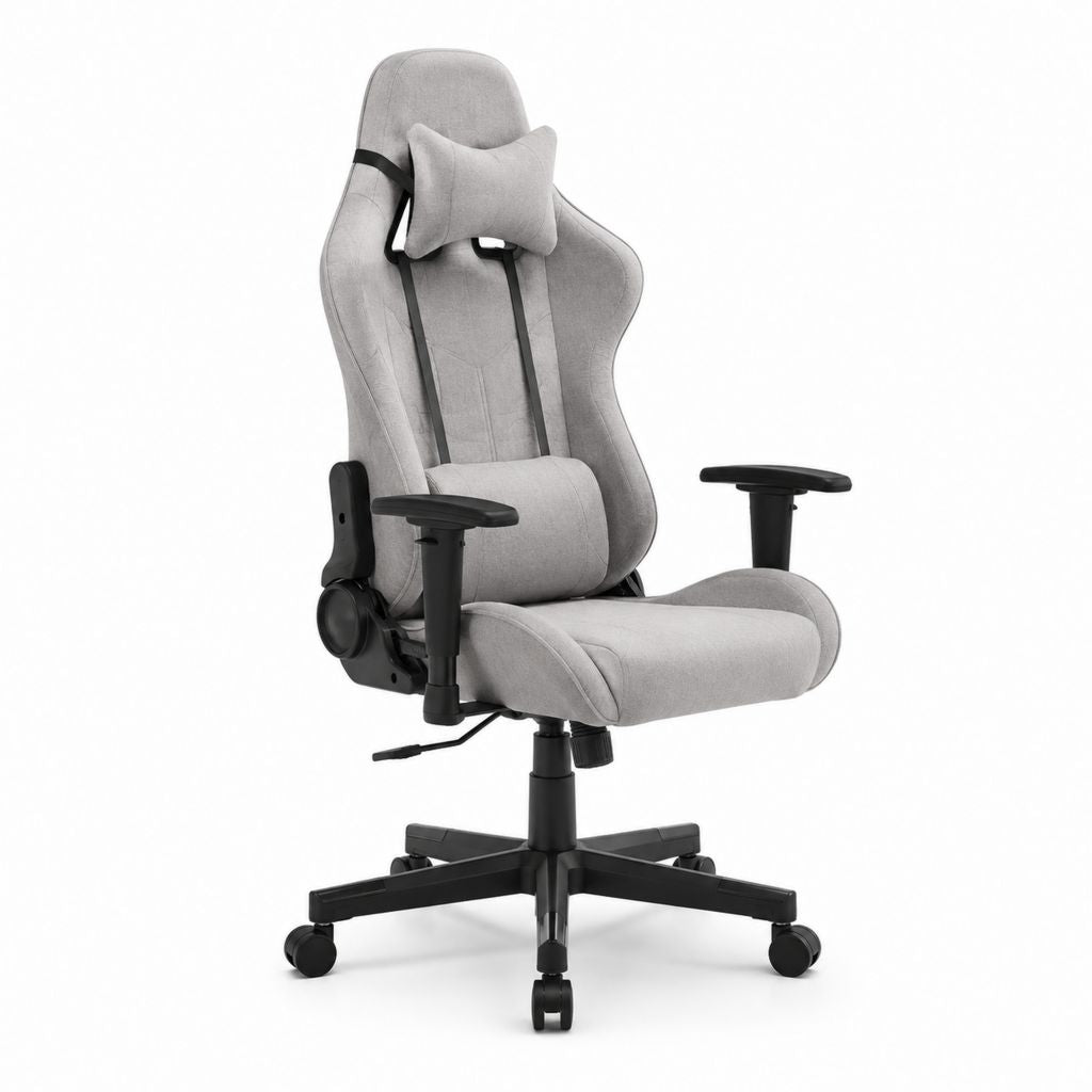 Sedia da gaming reclinabile grigia in poliestere con cuscini 68 x 70 x 125-135 cm