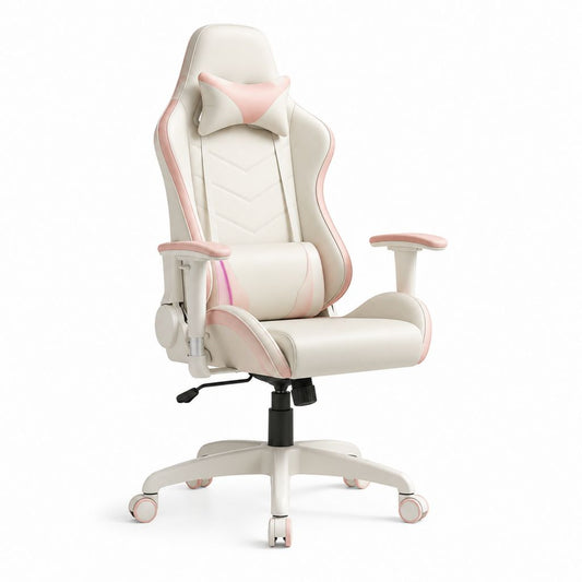 Sedia da gaming ergonomica bianca e rosa in pelle sintetica PU con poggiatesta e supporto lombare 68 x 68 x 125-135 cm