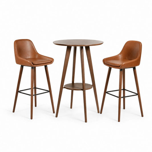 Set tavolo da bar rotondo con 2 sgabelli marrone in similpelle PU e legno Ø60 x 100 cm