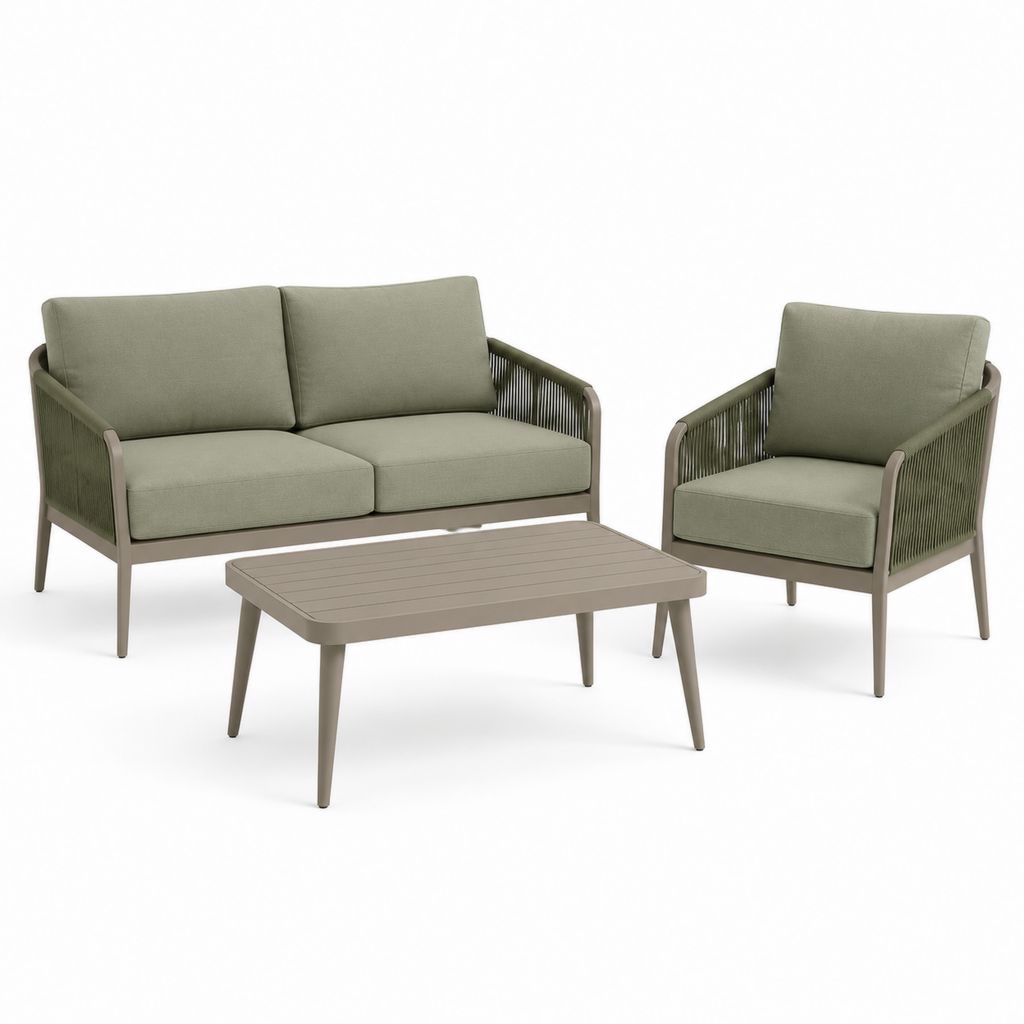 Set salotto da giardino 3 pezzi verde salvia in alluminio e corda con divano 2 posti poltrona e tavolino rettangolare divano 135 x 75 x 76 cm poltrona 75 x 75 x 76 cm tavolino 100 x 60 x 45 cm