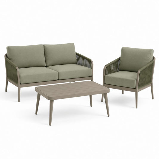 Set salotto da giardino 3 pezzi verde salvia in alluminio e corda con divano 2 posti poltrona e tavolino rettangolare divano 135 x 75 x 76 cm poltrona 75 x 75 x 76 cm tavolino 100 x 60 x 45 cm