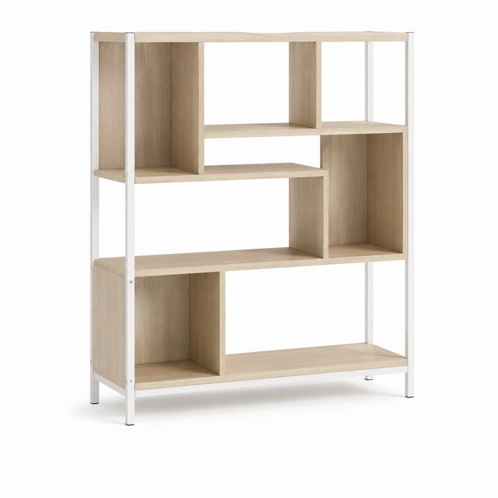 Libreria a giorno rettangolare rovere chiaro e bianco in pannello truciolare e acciaio 80 x 30 x 120 cm