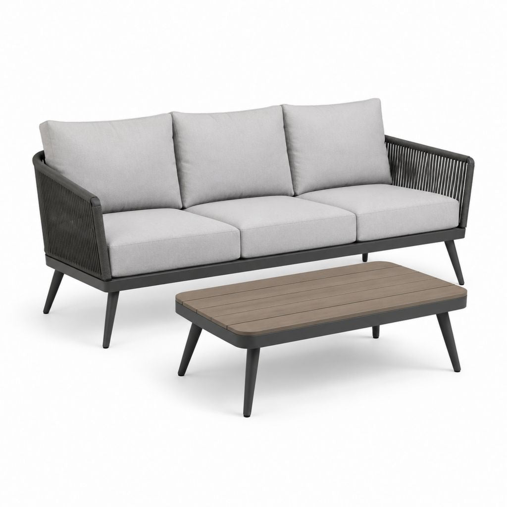 Set divano da giardino 3 posti con tavolino grigio in alluminio e corda 200 x 75 x 75 cm