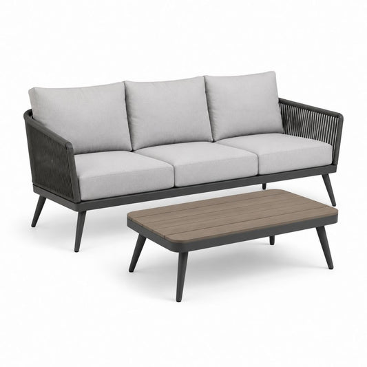 Set divano da giardino 3 posti con tavolino grigio in alluminio e corda 200 x 75 x 75 cm