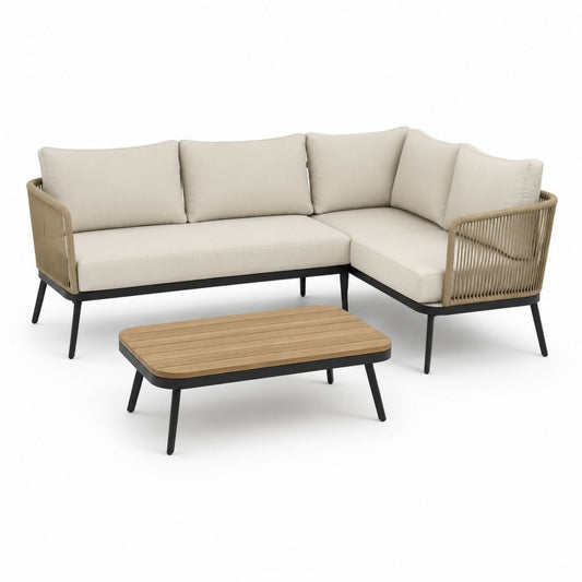 Set divano angolare da giardino 3 posti beige e nero in acciaio polipropilene e poliestere con tavolino rettangolare 220 x 160 x 75 cm