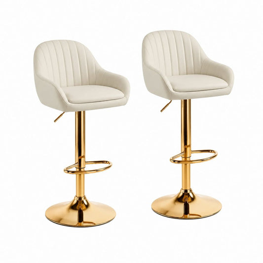 Set 2 sgabelli da bar regolabili girevoli avorio in PU con base in acciaio dorato 54 x 52 x 92-112 cm