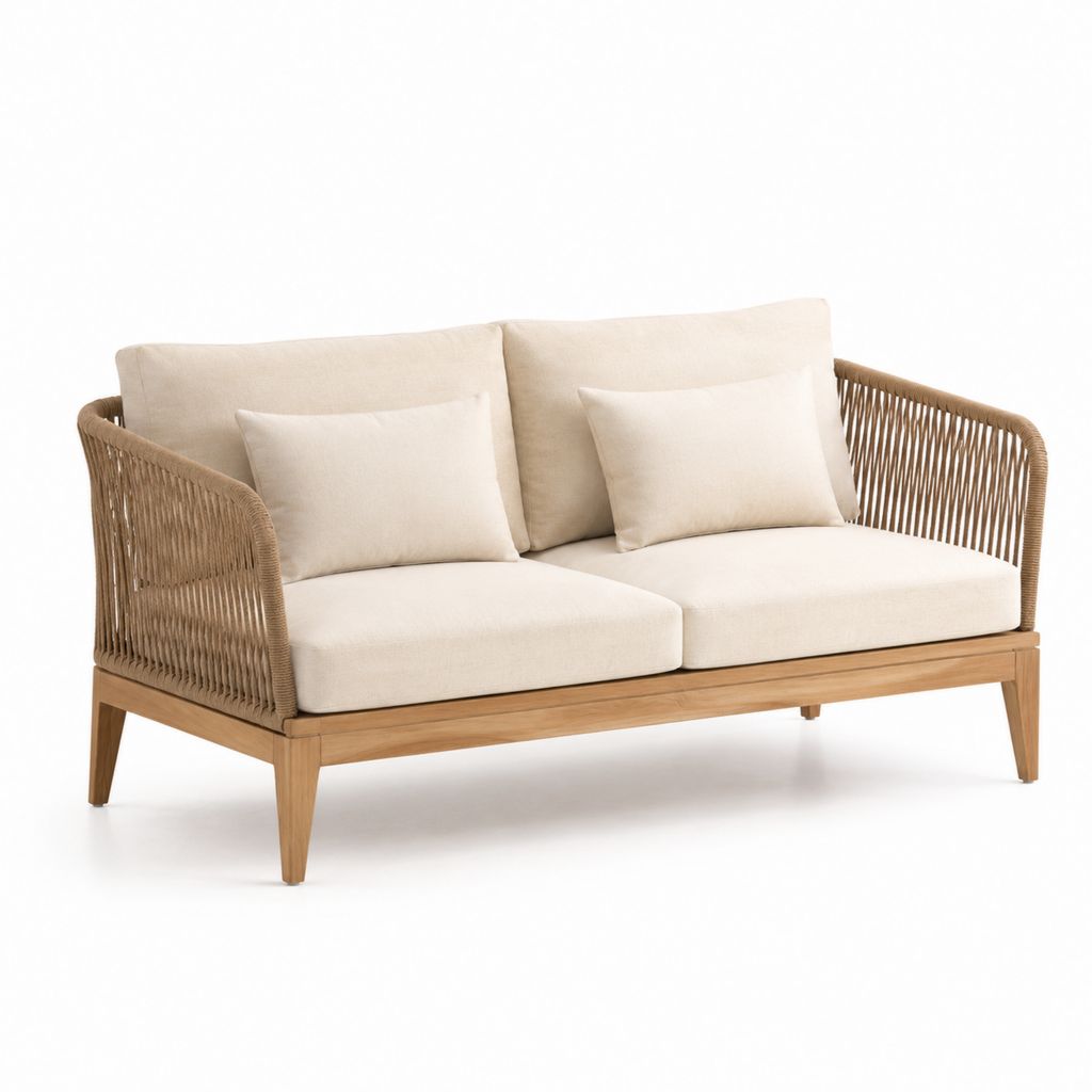 Divano da giardino 2 posti beige in teak e corda intrecciata 150 x 80 x 78 cm