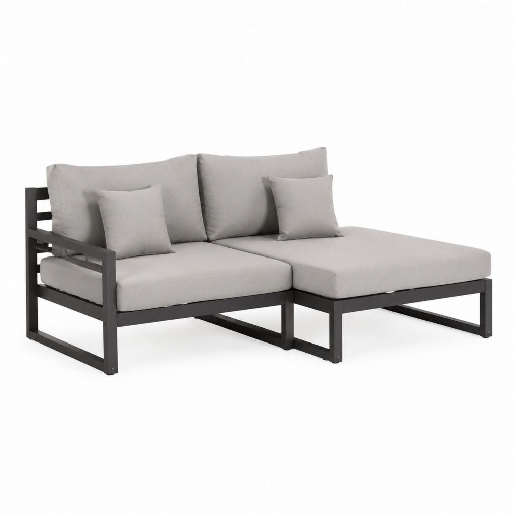 Divano da giardino angolare 2 posti nero e grigio in acciaio e poliestere a L 160 x 130 x 65 cm